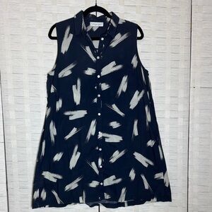 Amour Vert Sleeveless Button Down Navy & White Brushstroke Pattern Midi Dress